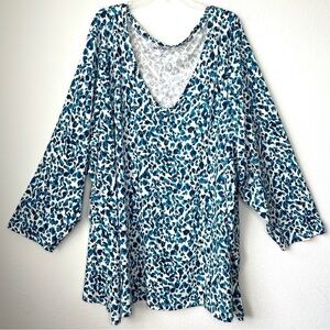Roaman's Blue Leopard Print Cotton Long Sleeve V Neck Shirt 6X